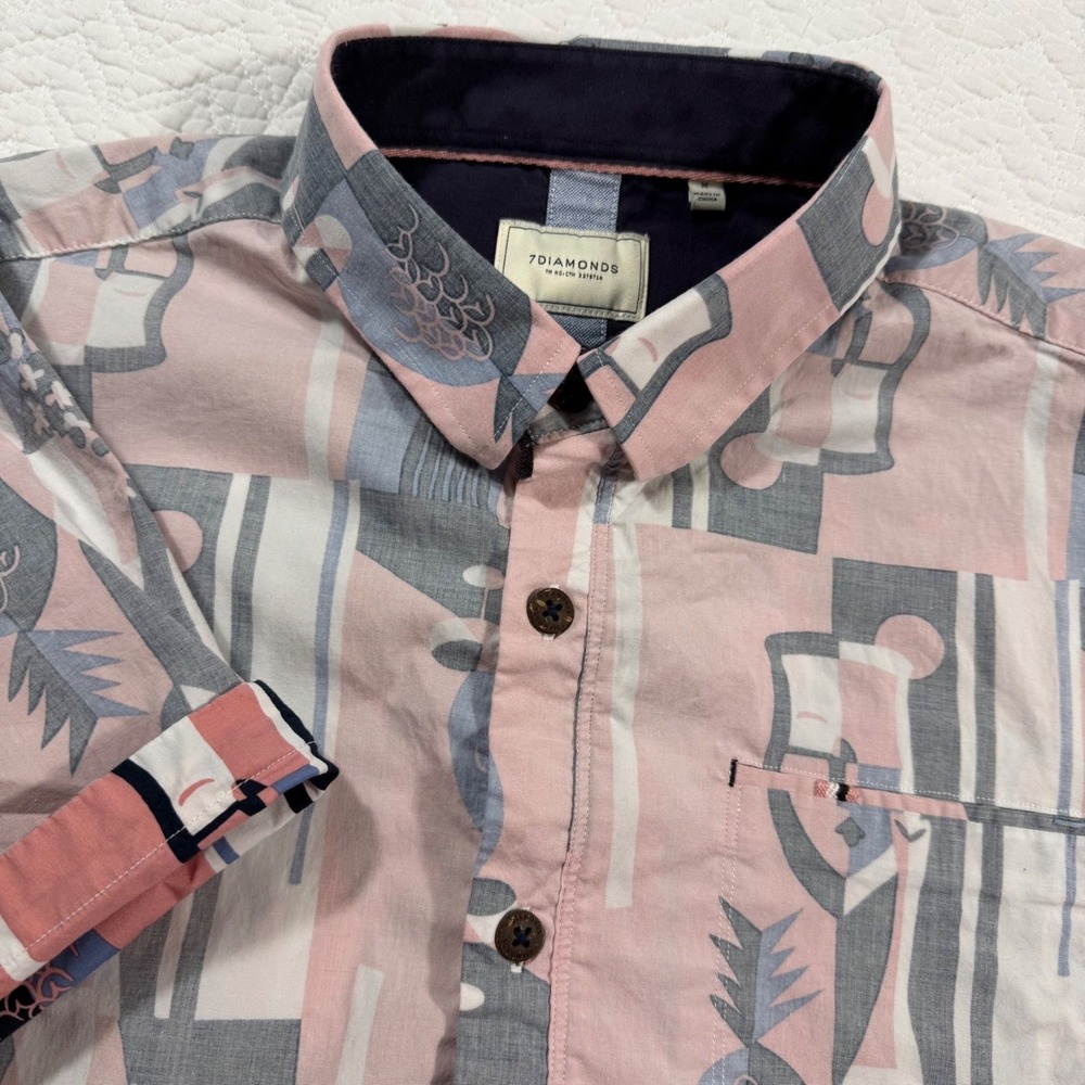 7‎ DIAMONDS Men's Short Sleeve Button Up Shirt Abstract Print Size M EUC